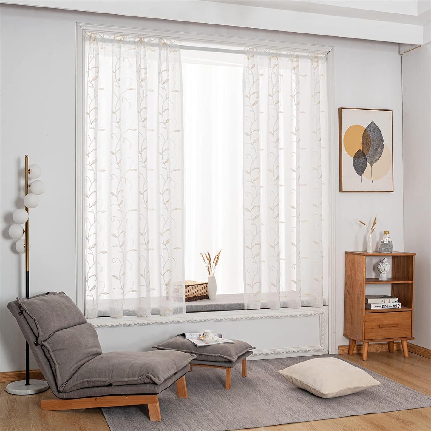 VISIONTEX Sheer Curtains 120 inch Length 2 Panels Set, White Voile Crushed Cream Vine Leaves Embroidery, Rod Pocket Embroidered Window Drapes for Living Room and Bedroom, 54" x 120"