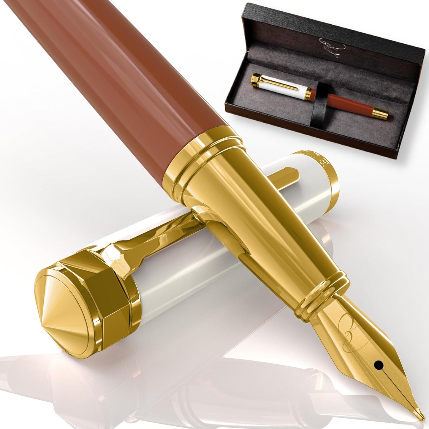Ellington Pens Luxury Fountain Pen Set- Fountain Pens for Writing - Smooth Medium Nib - Includes Refillable Ink Converter, 3 Ink Cartridges [Black & Blue], Gift Box - Elegant Calligraphy