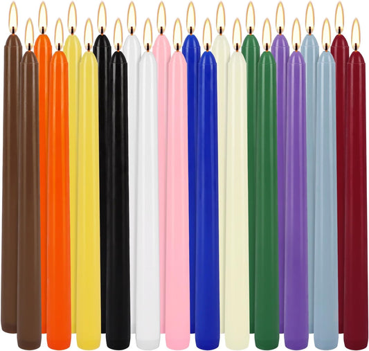 24 Colored Taper Candles, 7-8 Hours Burn Time, Unscented, Smokeless and Dripless, 0.75 x 10 Inch Dinner Candle Set for Household, Wedding, Party and Home Décor Candlesticks