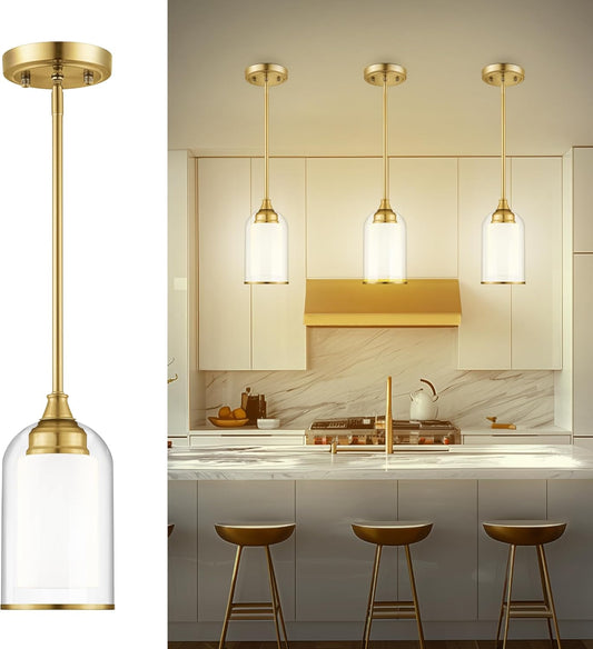 LIROUVET Gold Pendant Lights Kitchen Island - Dual Glass Pendant Light, 1-Light Hanging Light with Clear and Milk Glass, Vintage Pendant Light Fixtures for Kitchen, Dining Room, PL02BR