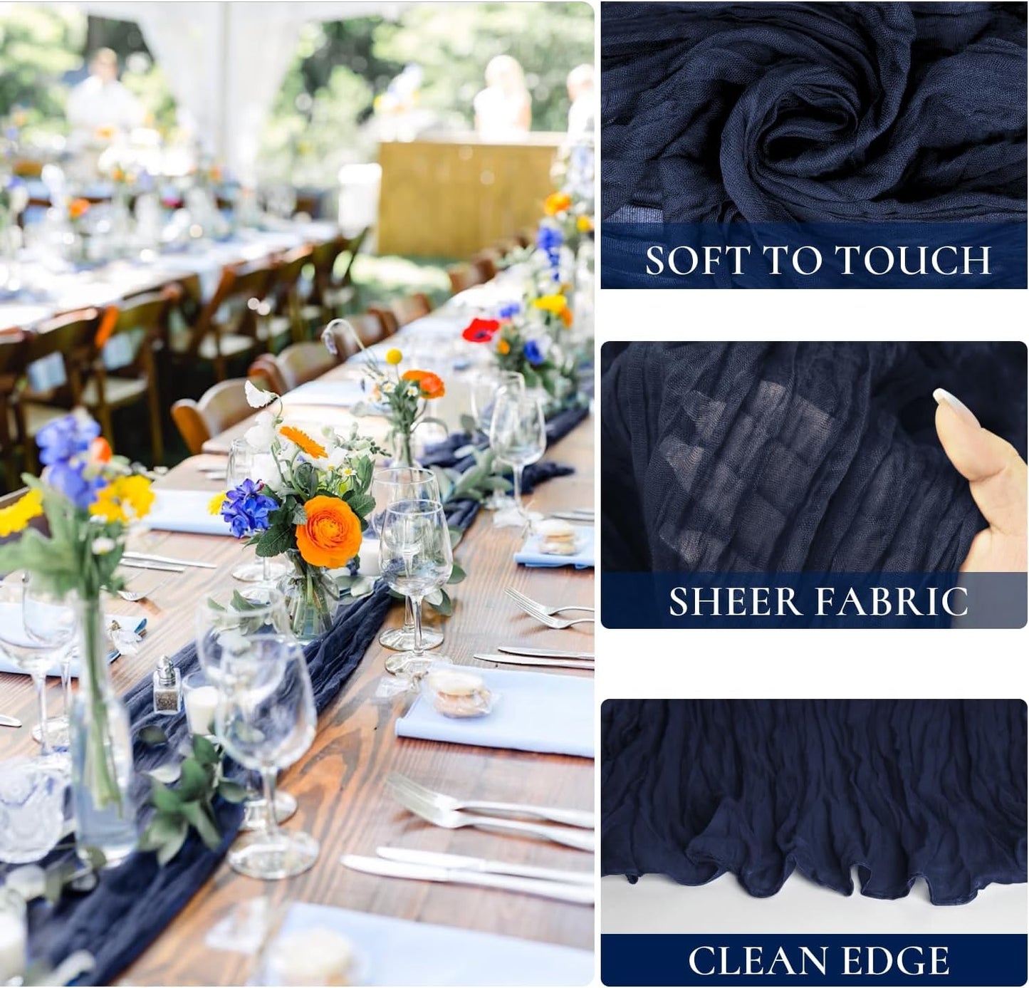 3 Pack Navy Blue Cheesecloth Table Runner 10FT Boho Gauze Cheese Cloth Table Runner Blue for Wedding Party Baby Shower Birthday Summer Home Decor Holiday Decorations