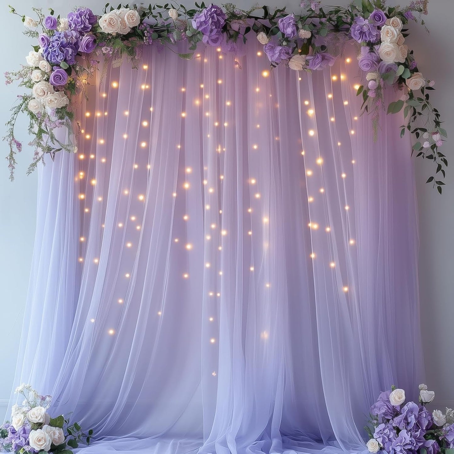 Lavender Tulle Backdrop Curtain with Lights String - 10x10ft Sheer Backdrop with 300 LEDs for Wedding, Baby Shower, Bridal Shower, Birthday Party Photo Shoot Background and Home Decorations