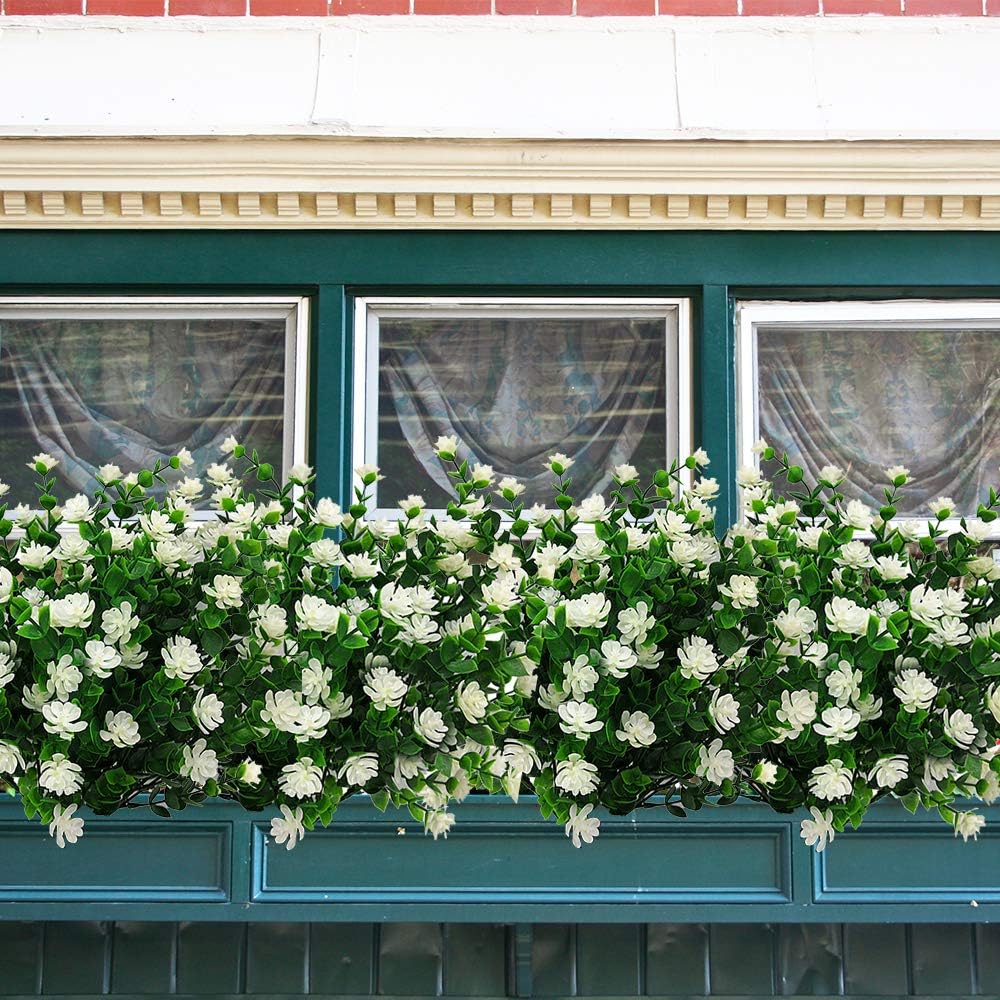 10 Bundles Artificial Fake Flowers, Faux Outdoor Plastic Plants UV Resistant Shrubs Outside Indoor Decorations (White-Eucalyptus)