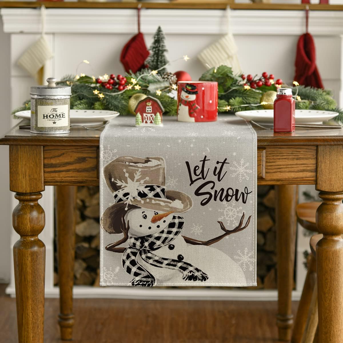 Artoid Mode Grey Snowman Snowflake Let it Snow Christmas Table Runner, Seasonal Winter Kitchen Dining Table Decor for Home Party Indoor 13x120 Inch