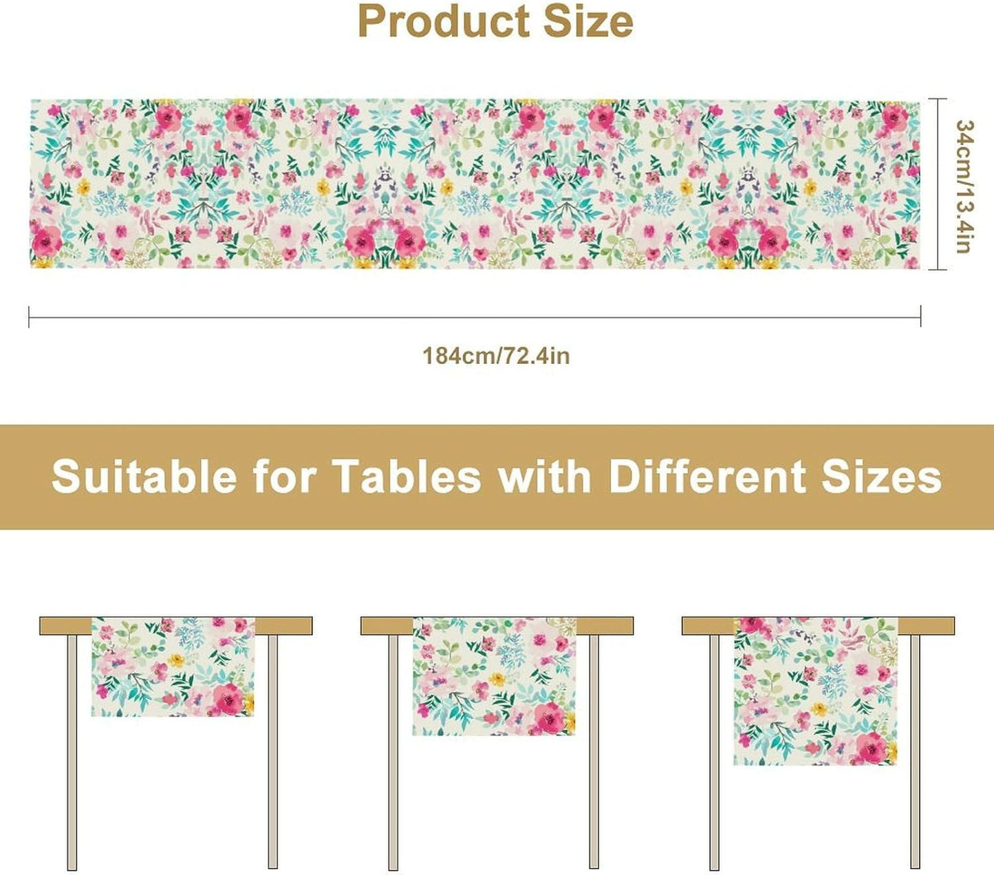 Watercolor Floral Table Runner, Colorful Botanical Spring Summer Nature Flower Aesthetic Table Runner for Kitchen Dinning Table Runner Decor Home Wedding Party Holiday, 13x120 Inch