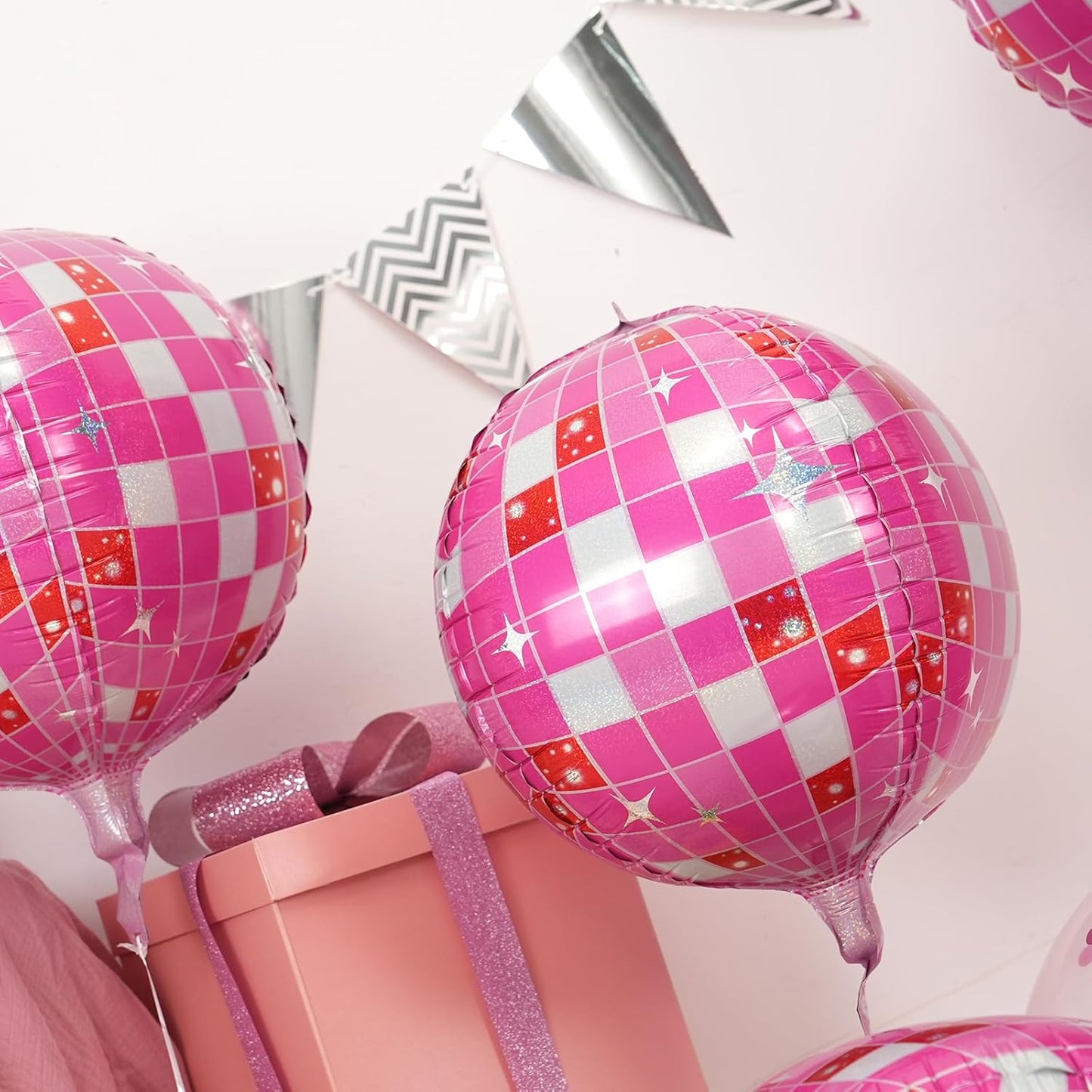 Disco Ball Balloons Pink Silver 4PC,Foil Disco Balloons 22 Inch 4D Round Pink Silver Balloon for 70s 80s Birthday Bachelorette Graduation Decorations