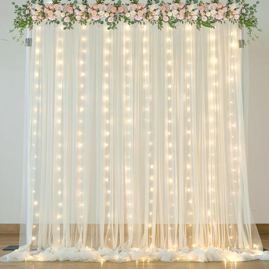 Ivory Sheer Backdrop Curtains with Lights String for Parites Wedding 10×8ft Tulle Backdrop Curtains for Baby Shower Birthday Party Photo Shoot Background Decorations