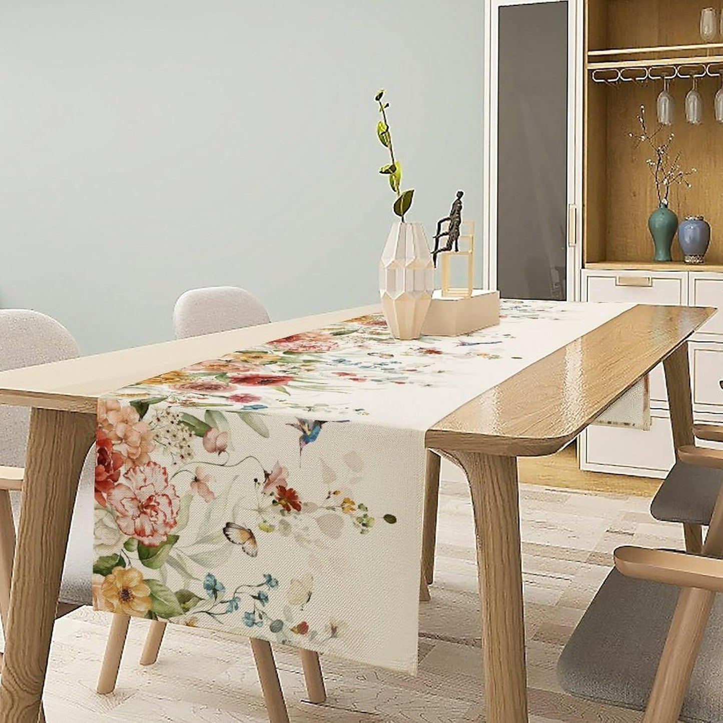 Rustic Floral Table Runner, Watercolor Flower Leaves Hummingbird Butterfly Farmhouse Kitchen Dinning Table Runner for Indoor Outdoor Home Wedding Party Holiday, 13x90 Inch