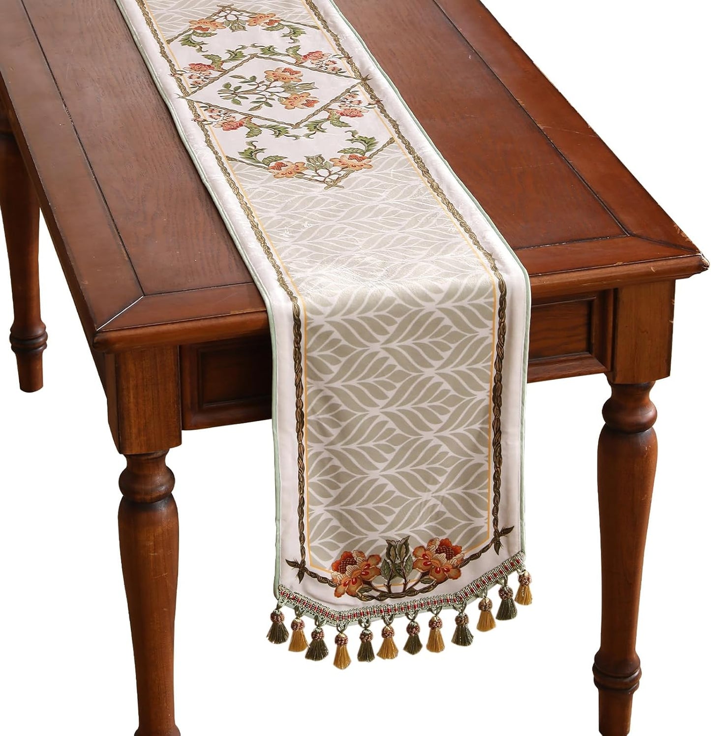 patdrea Designer Elegant French Floral Velvet Table Runner 102 Inch Long,Green with Orange Blossoms Pattern Table Mat, Decor for Kitchen Dining Coffee Table Cabinet Banquet Thanksgiving,12"*102"