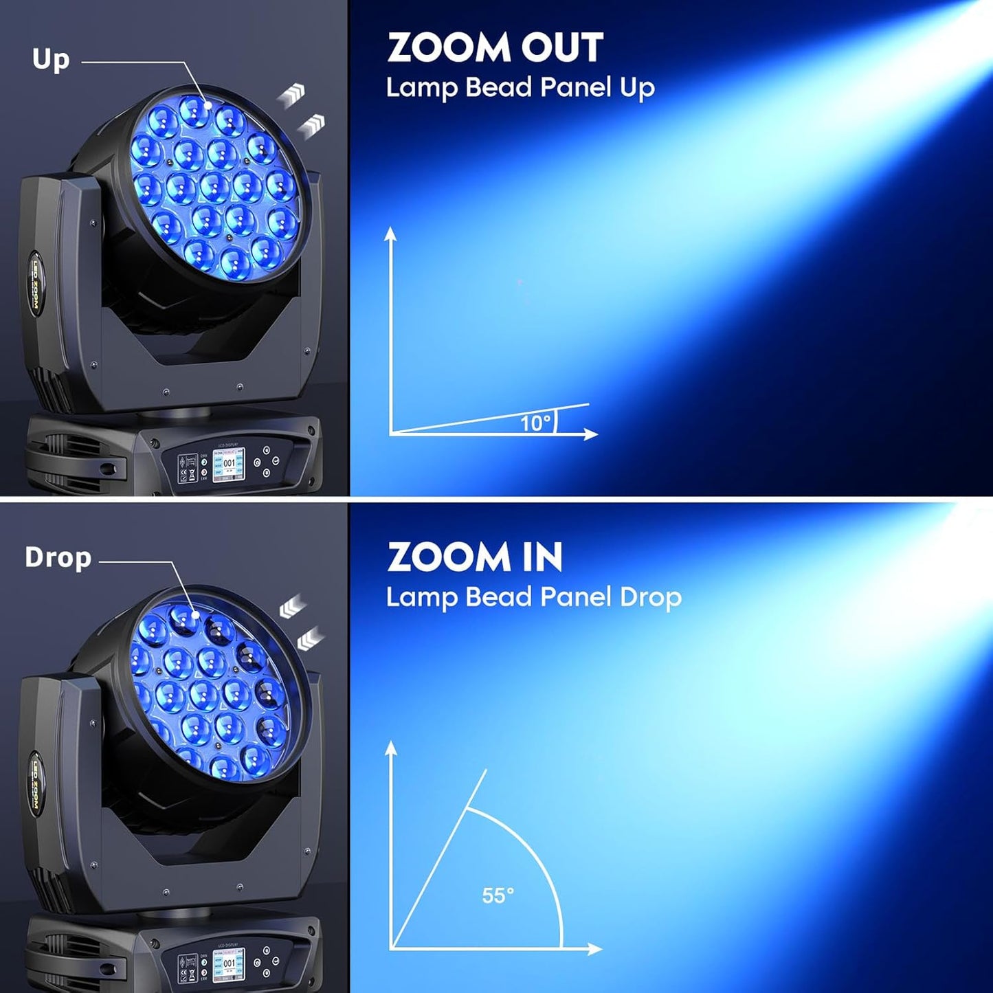 19x10W Moving Head Light Focusing/Beam/Wash/Zoom Effect Stage Lights 4-in-1 LED DMX512 & Sound Activated Control for DJ Disco Nightclub KTV Bar Theater Shopping Mall (4 PCS