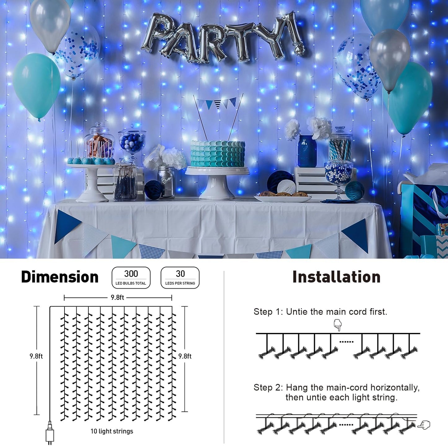 JMEXSUSS 300LED Christmas Curtain Lights Plug in with Remote, Blue and White Christmas Lights Indoor Outdoor, 8 Modes Hanging Fairy String Lights for Bedroom Window Wall Yard Patio Decor, 9.8x9.8ft