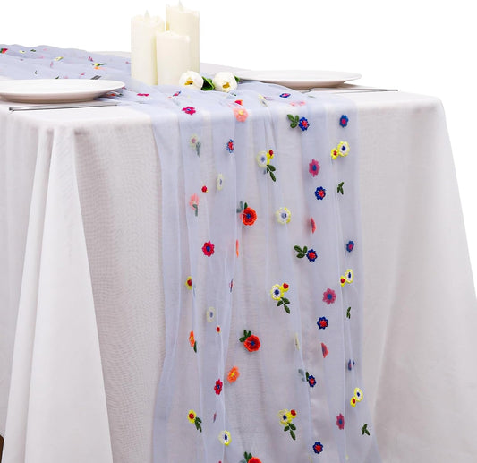 BINBE 1pcs Daisy Fall Table Runner Embroidery Gauze 10FT Florals Seasonal Tulle Holiday Birthday Kitchen Dining Table Decor for Home Party Blue