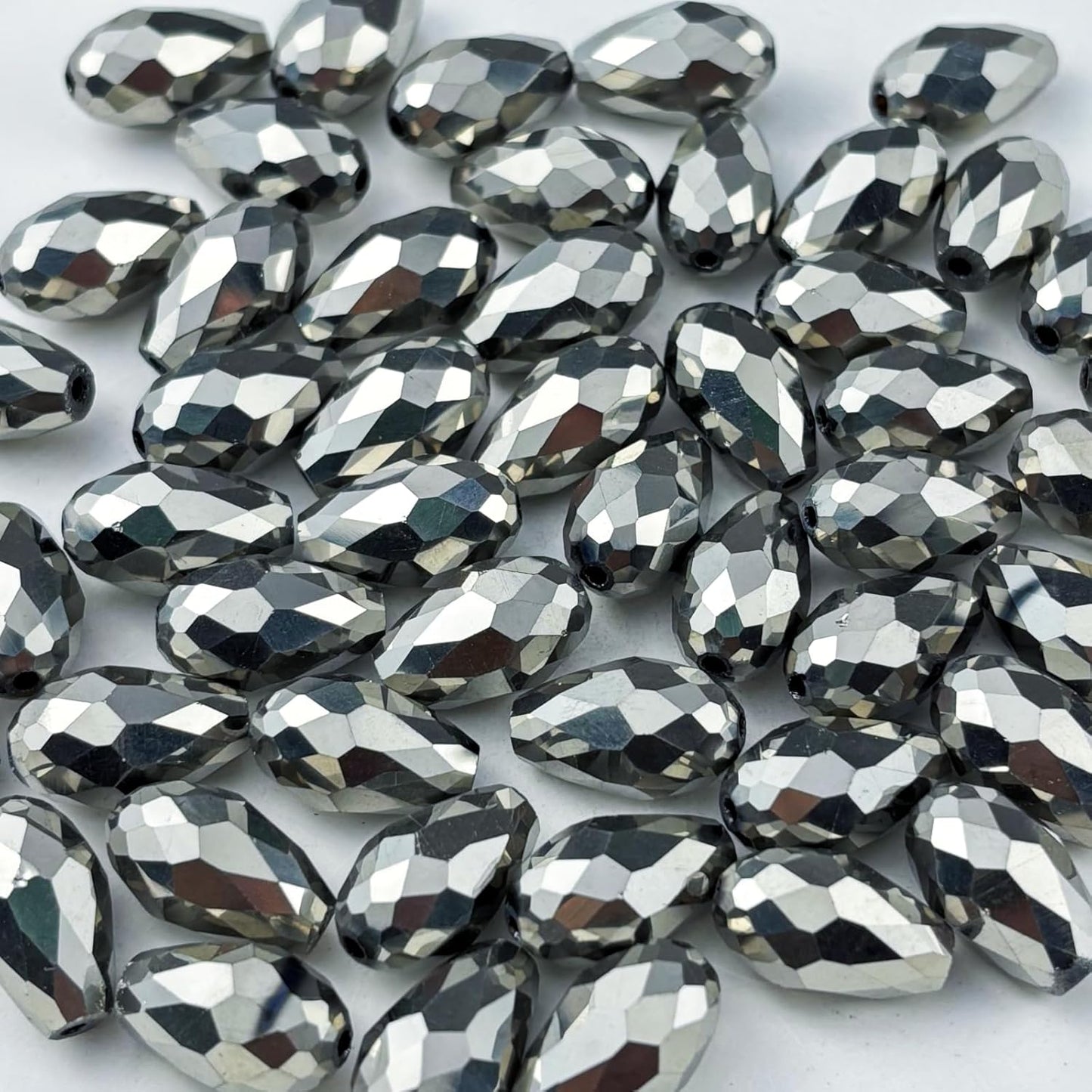 130pcs 6x8mm Teardrop Crystal Glass Beads for Jewelry Making, Faceted Vertical Hole Teardrop Glass Spacer Beads for Wind Chimes Bracelet Earring Necklace DIY Craft(Silver)