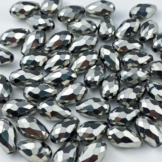 130pcs 6x8mm Teardrop Crystal Glass Beads for Jewelry Making, Faceted Vertical Hole Teardrop Glass Spacer Beads for Wind Chimes Bracelet Earring Necklace DIY Craft(Silver)