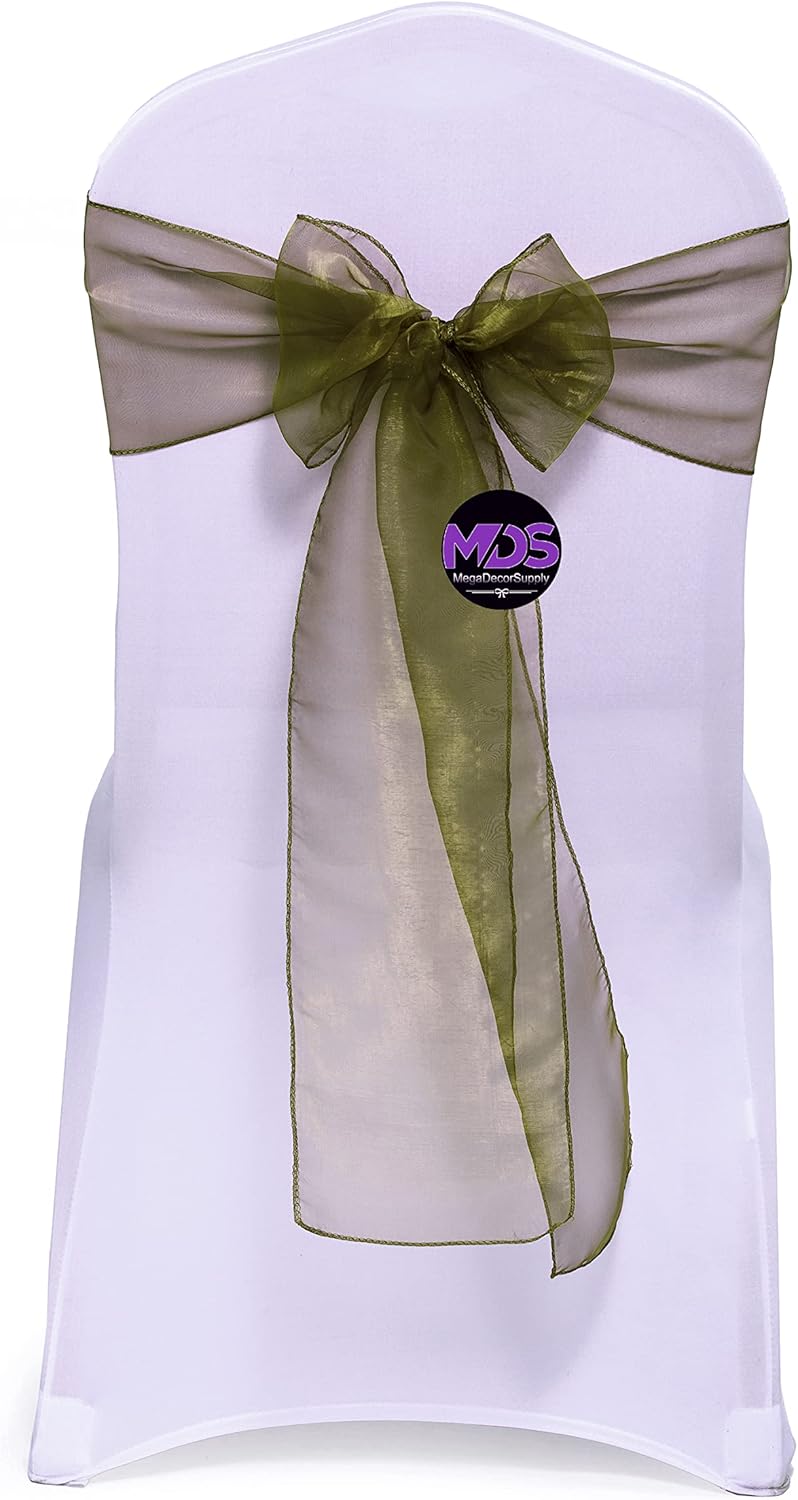 MDS Pack of 100 PCS Organza Chair Sashes Wider Dining Chair Bows Ribbon Tie Back for Wedding Party Birthday Bridal Shower Reception Event Banquet Home Chair Cover Decoration - Olive Green