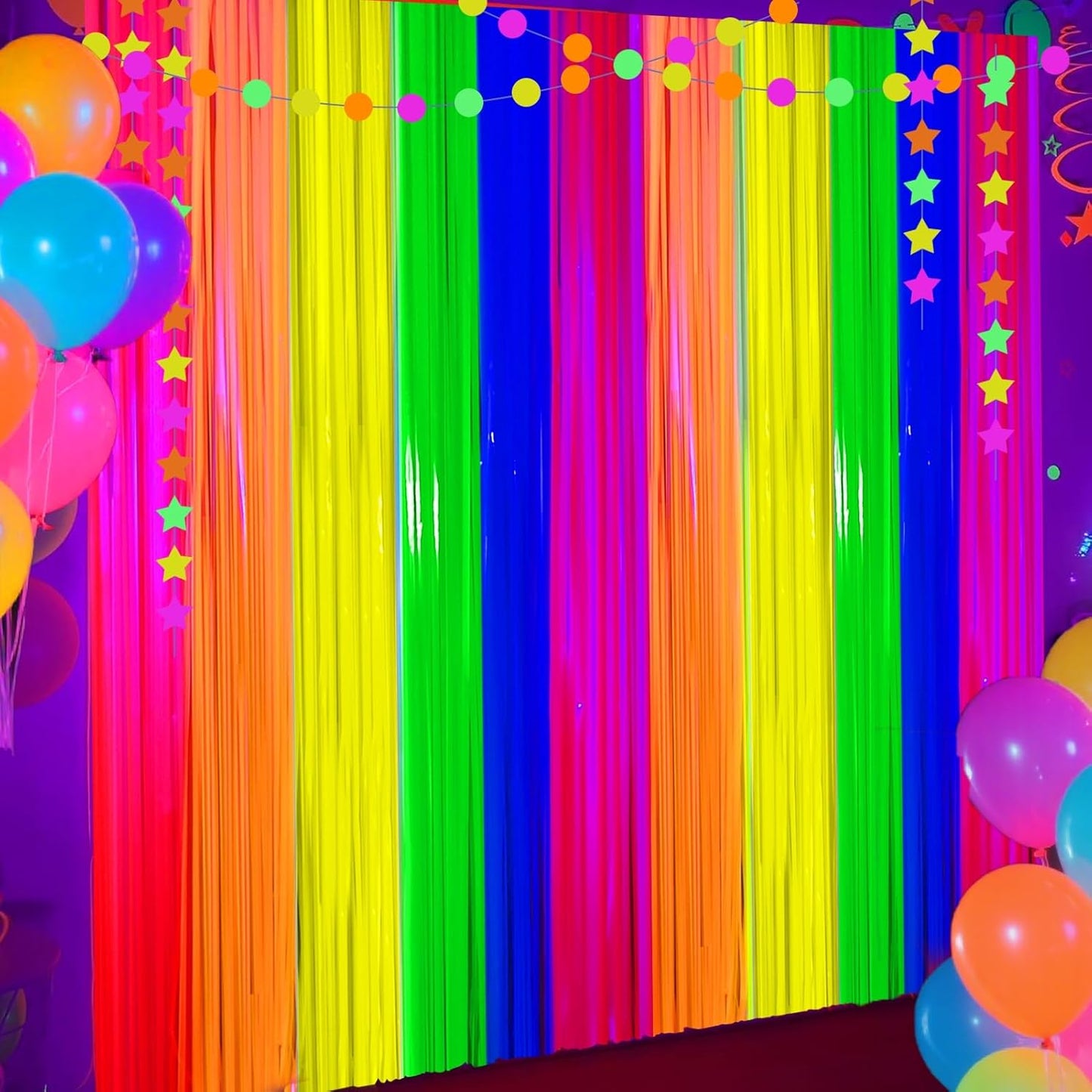 4 Packs Glow in the Dark Foil Fringe Curtain, Macaron Rainbow Blacklight Reactive Fluorescent Tinsel Backdrop Neon Luminous Streamers for Birthday, Wedding, Neon Party, Glow Party Decorations Supplies