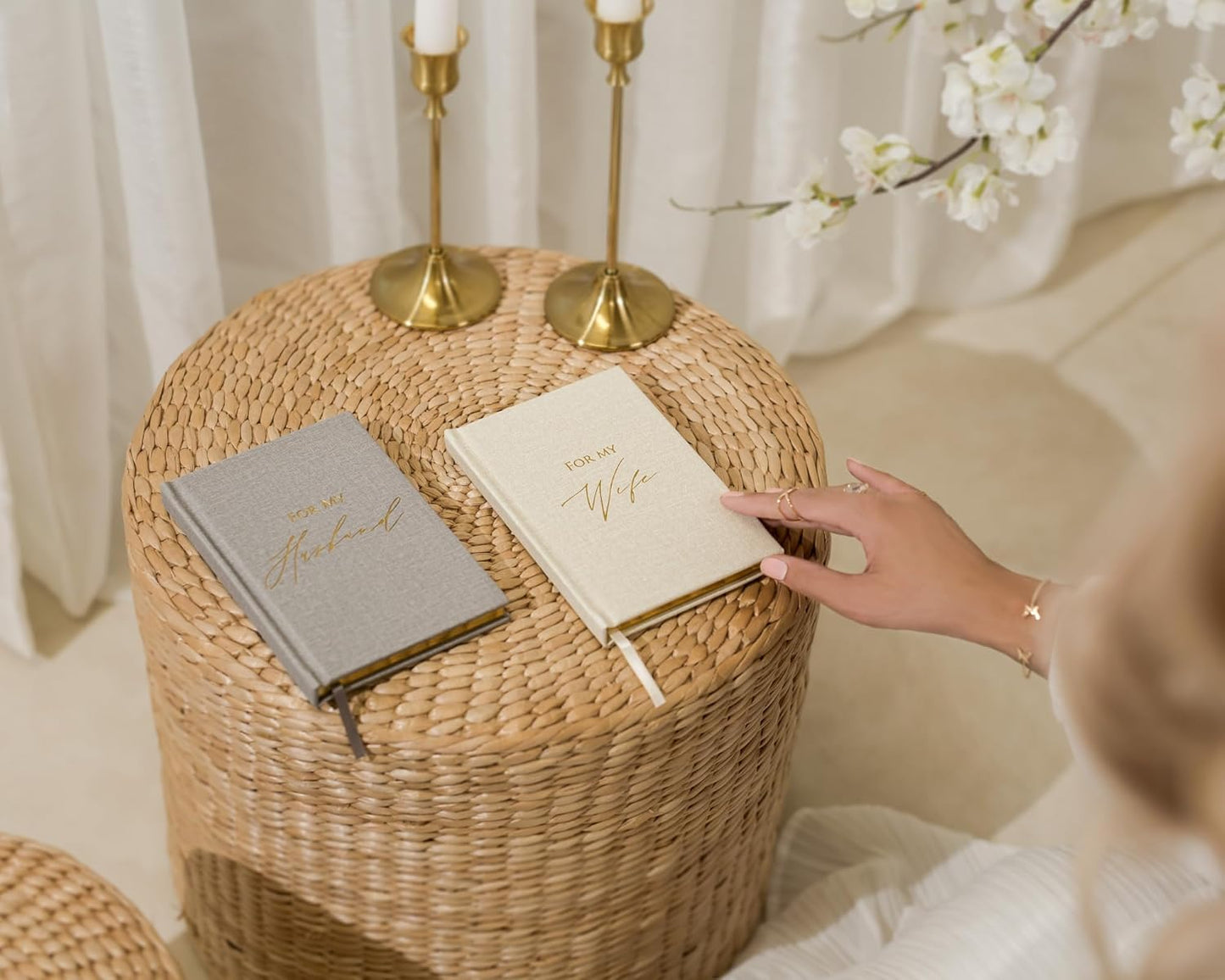 Hard Cover Vow Books (Set of 2) - For My Husband & For My Wife Grey & Cream Pocket Sized Foil Embossed Wedding Ceremony Vow Renewal Speech Notebook Planner, Gift for Bride & Groom Newly Engaged Couple