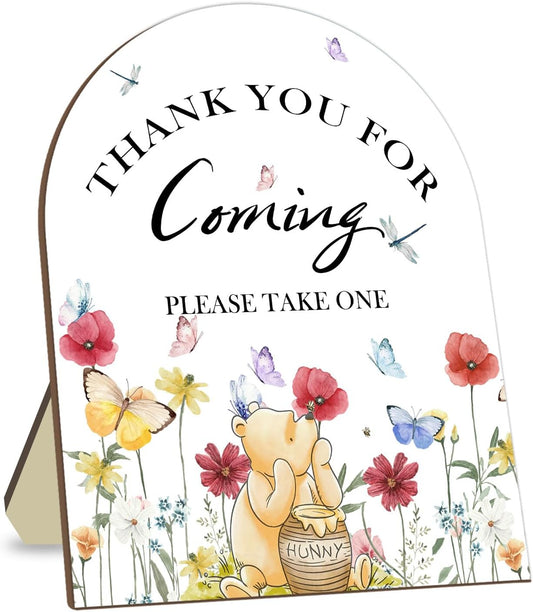 Winnie Bridal Shower Sign, Classic Pooh Thank You Wooden Sign for Women Men, Floral Butterfly Decor Wedding Shower Favors Sign, Bridal Shower Gifts for Guests, Thank You for Coming Please Take One Sign 9*11IN