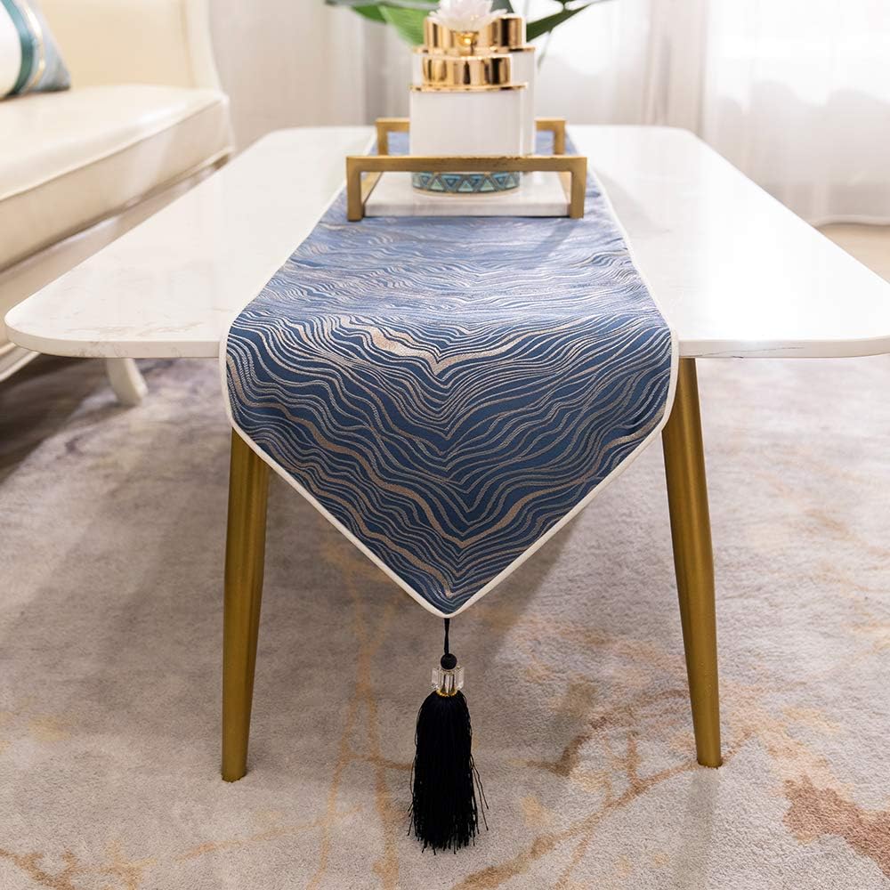 Avigers 12 x 78 Inch Decorative Luxury Abstract Striped Navy Blue Table Runners with Tassels for Home Living Room Bedroom Art Decor Wedding