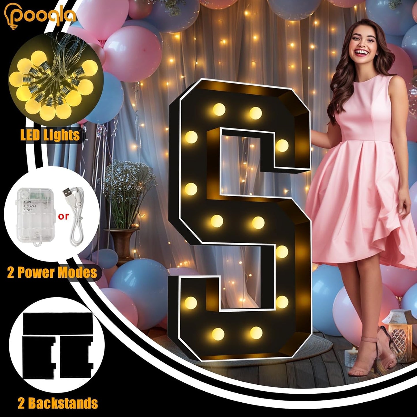 Pooqla 4 FT Marquee Light Up Letters, Black Marquee Letter Lights 4 Feet Tall, Giant Letter Sign Big Mosaic Letters for Balloons Birthday Party Anniversary Wedding Decorations, Warm White Letter K