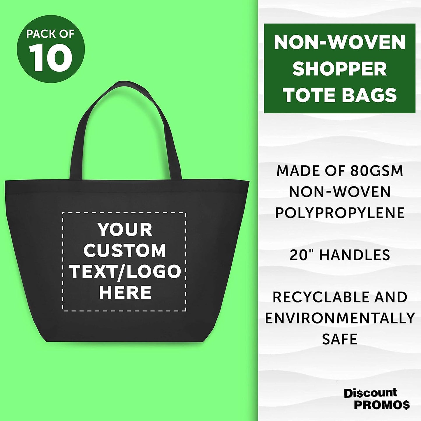 DISCOUNT PROMOS Custom Southern Style Grocery Tote Bags Set of 10 - Personalized Bulk Pack, Reusable Grocery & Shopping Bags - Great for Travel, Carry on Bag, Business Promotions - Black - 20"X13"X8"