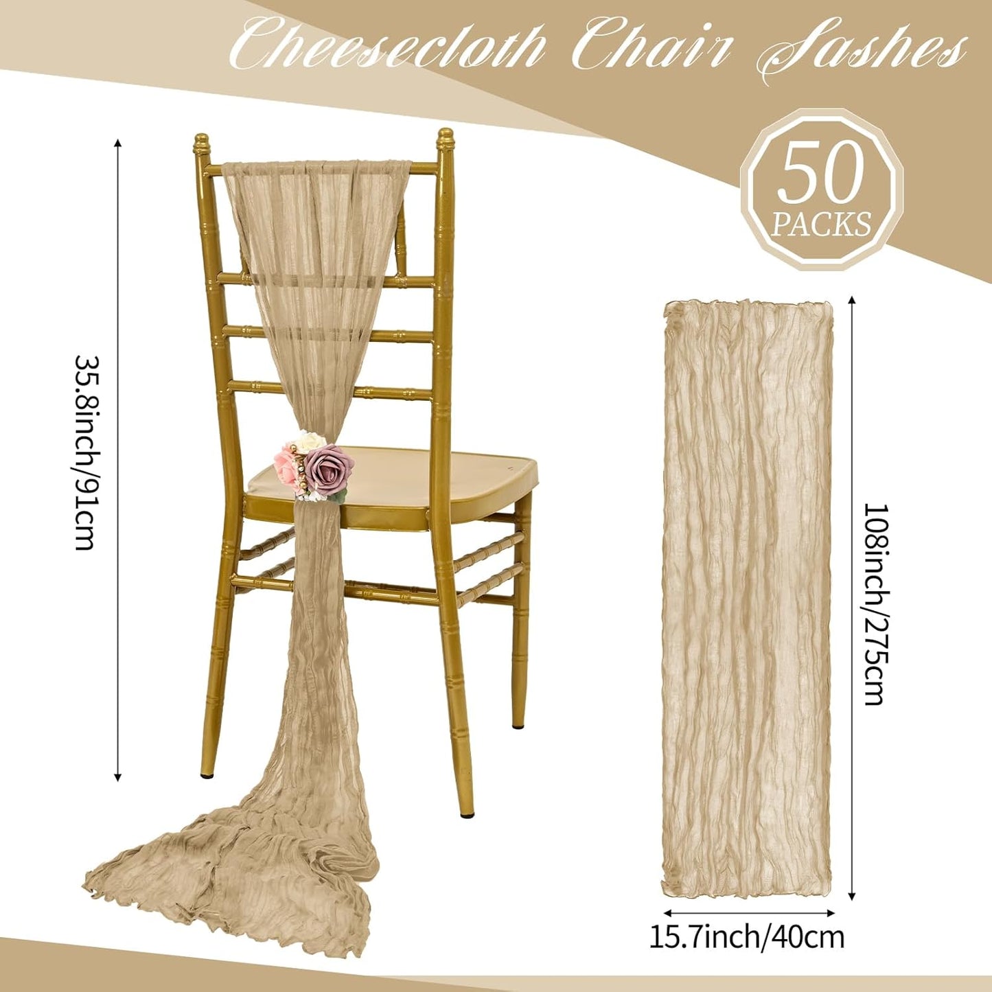 50 PCS Cheesecloth Chair Sashes, Bows Designed ChairSashes, 15.7x108 inch Chair Sashes for Aisle Decorations Universal Chairs Cover Decoration for Wedding Reception Party Banquet (Beige)