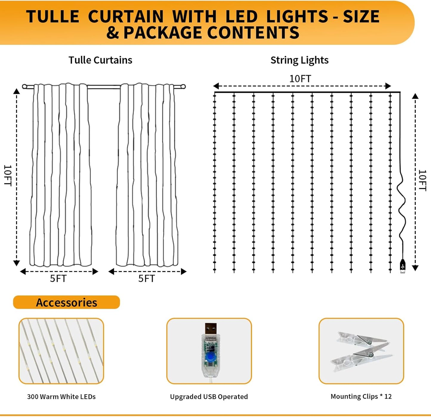Champagne Tulle Backdrop Curtain with Lights String - 10x10ft Sheer Backdrop with 300 LEDs for Wedding, Baby Shower, Bridal Shower, Birthday Party Photo Shoot Background and Home Decorations