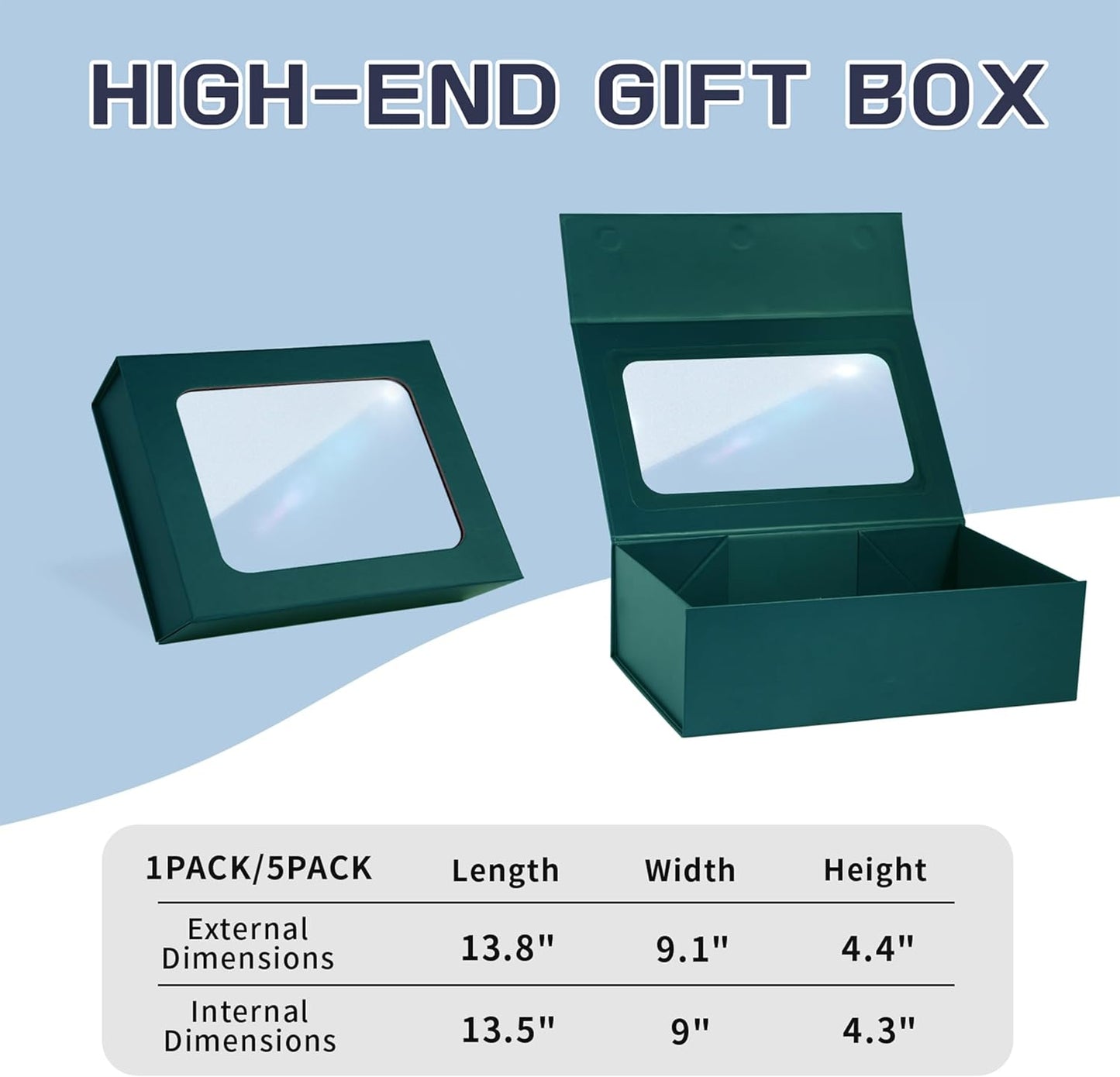 TIACABO Green Large Gift Box with Window, 13.5"x9"x4.3" Bridesmaid Boxe for Gifts Giving,Birthday Gift Boxes with Magnetic,Closure Lid Gifts Box for Presents,Cute Boxe,Luxury for Gift Packaging