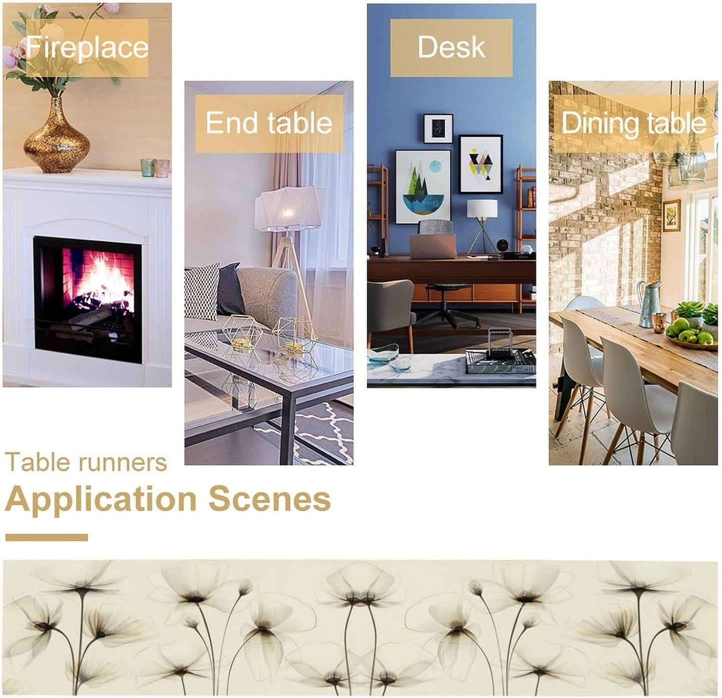 Abstract Floral Table Runner, Watercolor Transparent Beige Poppy Flowers Print Kitchen Dinning Table Runner for Indoor Outdoor Home Wedding Party Holiday, 13x108 Inch