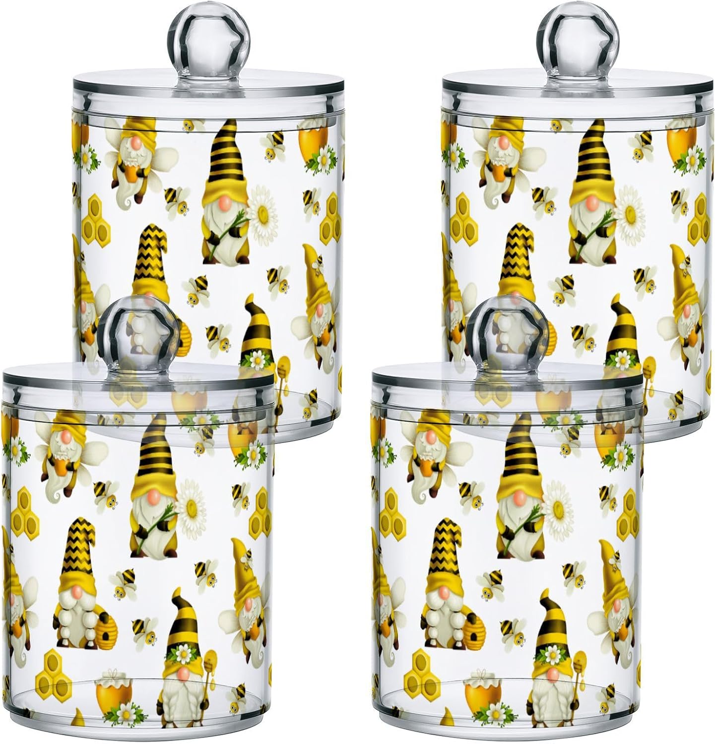 Qtip Holder Dispenser 4 Pack Gnome Bees Flying Dwarf Daisy Apothecary Jars with Lids Bathroom Vanity Countertop Canister Storage Organizer for Cotton Ball,Swabs,Pads,Floss