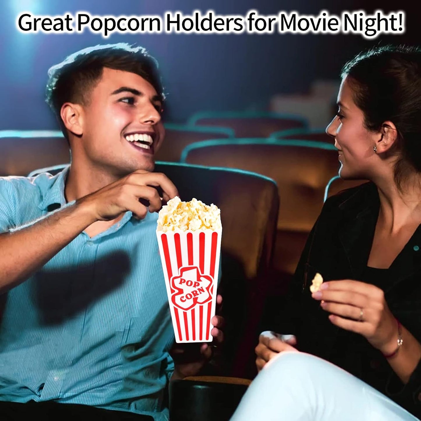Plastic Popcorn Containers Red & White Striped Retro Style Reusable Popcorn Boxes for Movie Night 4”x8” - 6 Pack