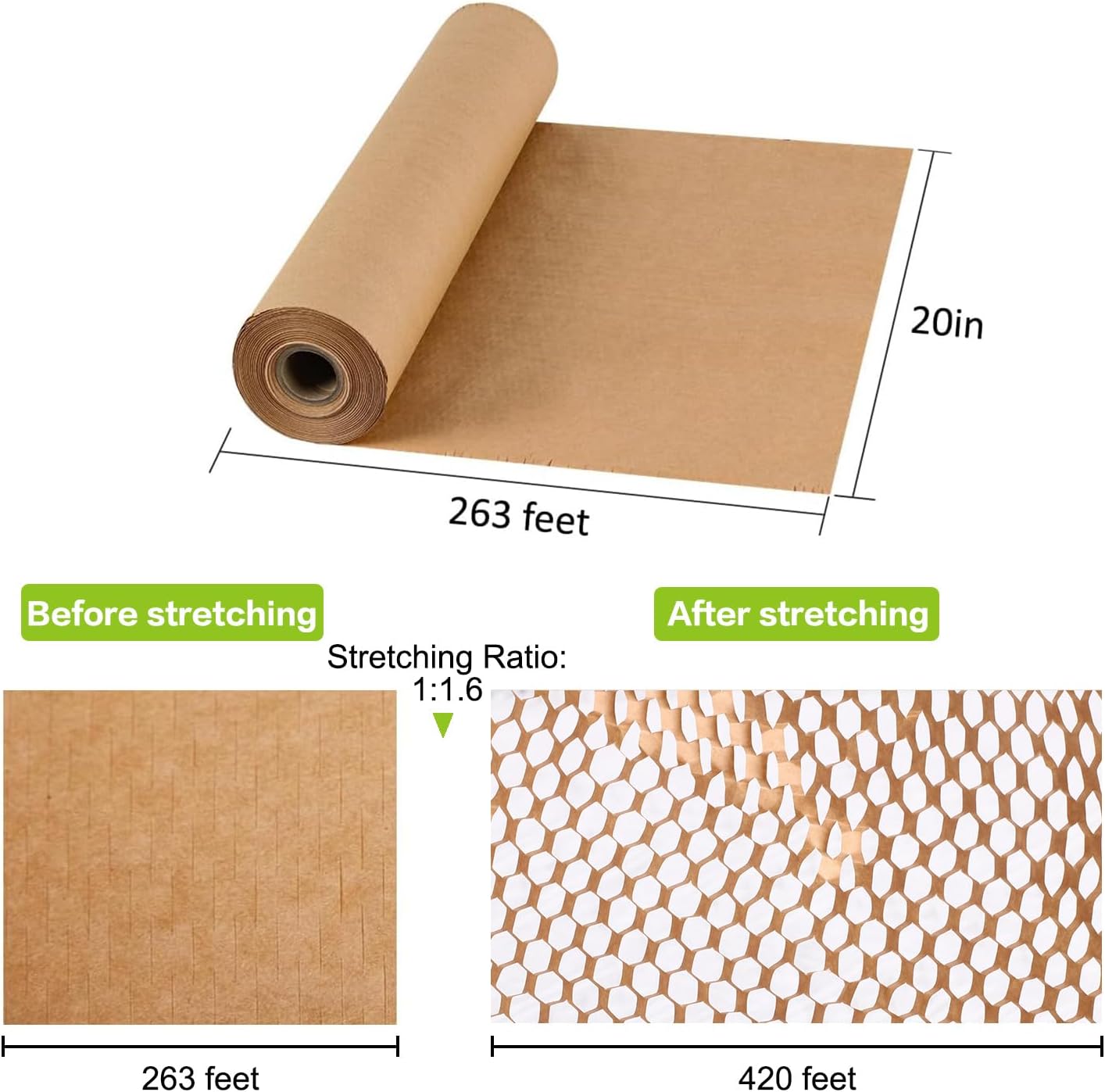 Honeycomb Packing Paper 20" x 1500' Recyclable Cushion Packing Paper Expanding Honeycomb Packing Paper Wrap Roll Eco Friendly for Moving Shipping Gift Packaging Breakables-Brown