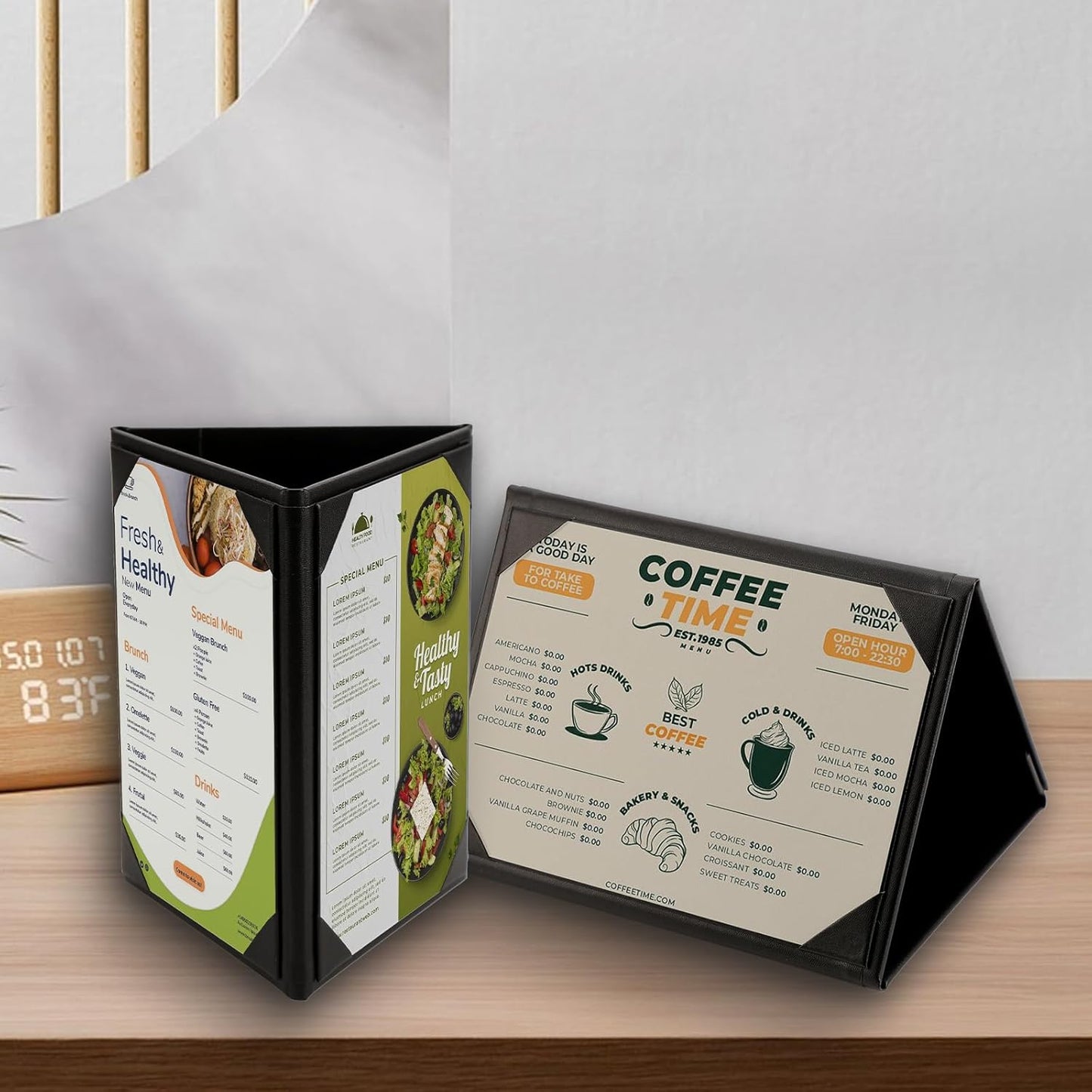 Menu Covers - Set of 10 Double-Sided Table Tent Cards for Restaurant, Dinner Party, and Bar Menus - Includes Bill Holder and Reserved Seating Signs - Easy to Clean and Foldable (20, 5"x7"Trifold)