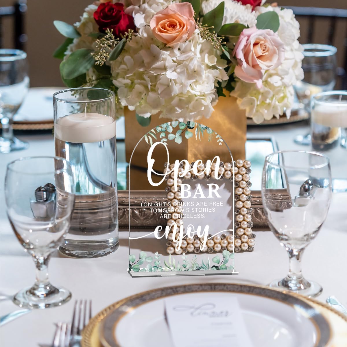 Acrylic Wedding Sign Open Bar Signs for Ceremony Modern Calligraphy Arch Acrylic Table Top Signs for Wedding Reception and Event Party Table Decor (Eucalyptus Leaves)