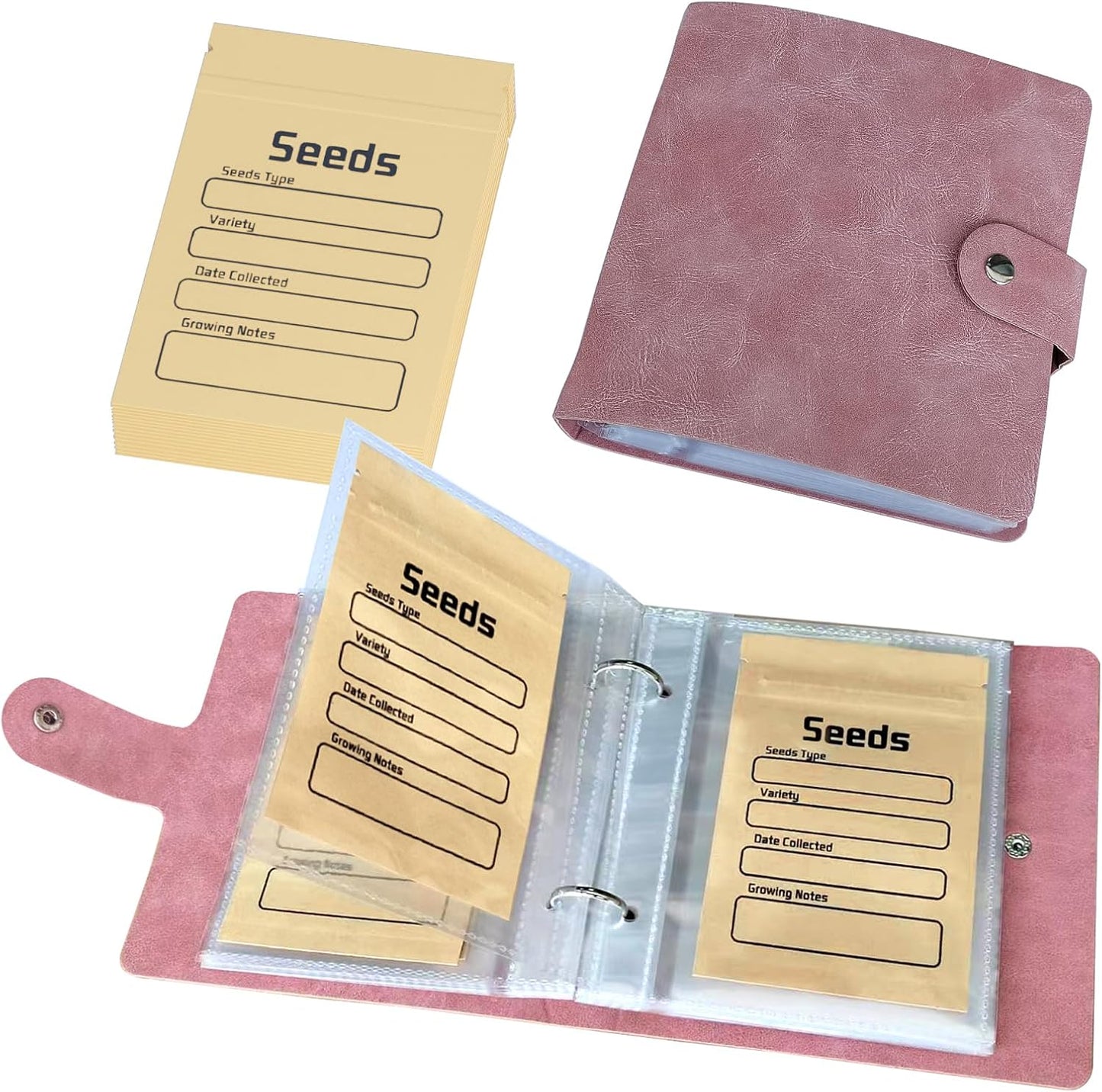 Seed Organizer Binder with 50 PCS Resealable Seed Envelopes - 50 Storage Pockets, 3.5x5 Inch Clear Sleeves, Seed Saver for Garden Lover - Pink