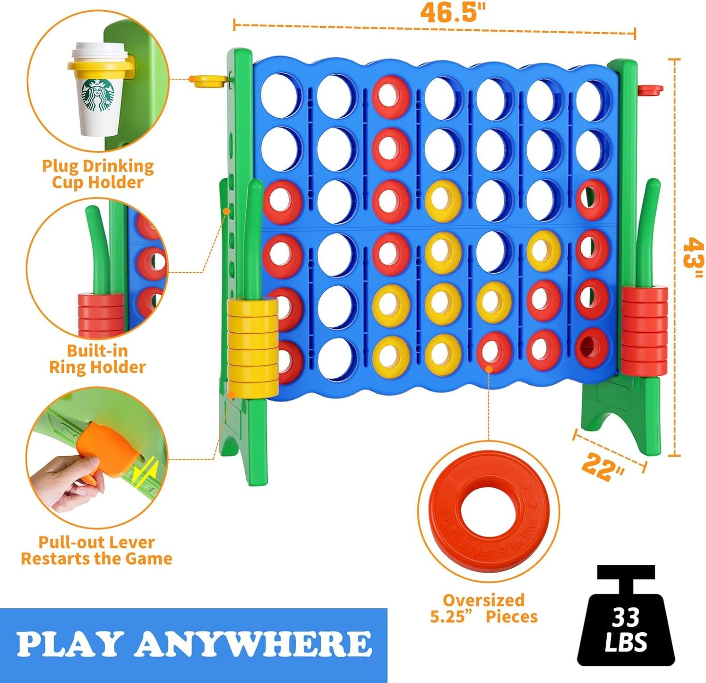 Jumbo 4 in a Row Game Set,4FT Giant Game Set with Carry Bag&44 Pieces Rings&Cup Holder,Indoor/Outdoor Yard Game for Kids & Adults-Fun Family&Party Game-Boosts Brain Power (Blue&Green)