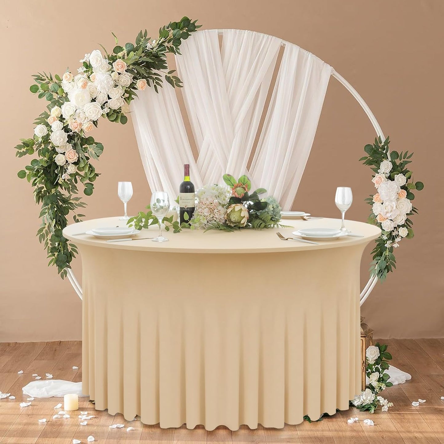 4 Pack Champagne Spandex Round Tablecloths for 60inch Tables,120inch Stretch Fitted 5ft Table Cloth,Wrinkle Free Rund Table Covers with Skirt for Banquet Wedding Birthday Parties