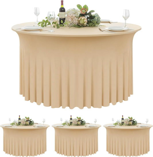 4 Pack Champagne Spandex Round Tablecloths for 60inch Tables,120inch Stretch Fitted 5ft Table Cloth,Wrinkle Free Rund Table Covers with Skirt for Banquet Wedding Birthday Parties