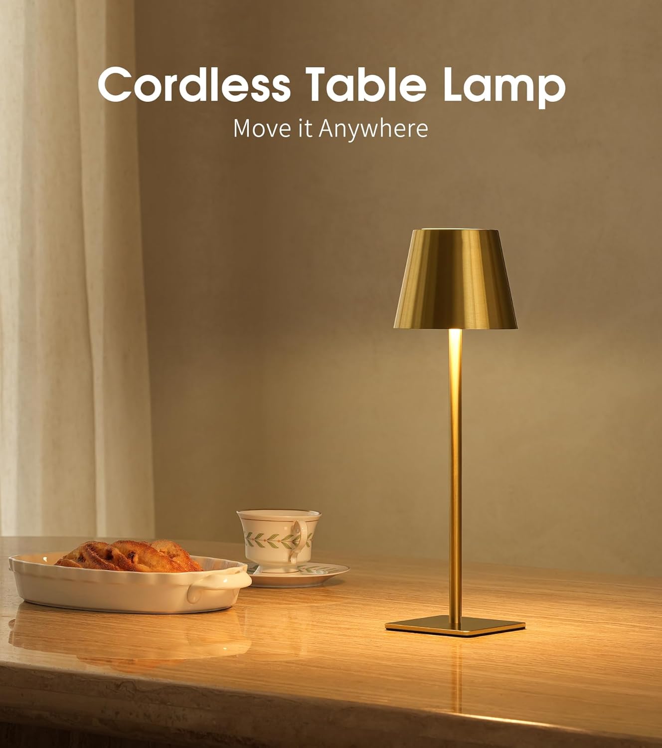 UME Cordless Table Lamp, Battery Operated Lamp - Portable Waterproof Rechargeable Table Lamp w/ 3 Color Temps & Stepless Dimming for Dinner, Desk, Cafe, Outdoor (Brushed Gold)