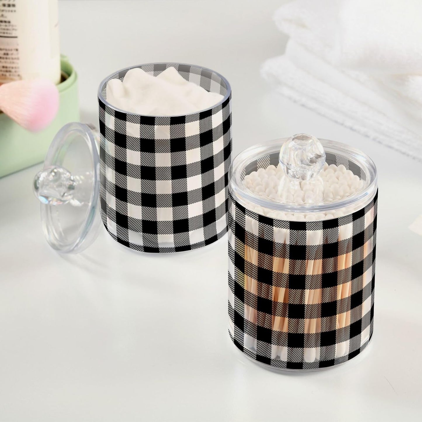 Gredecor Qtip Holder Dispenser 2 Pack Black White Classic Buffalo Plaid Bathroom Decorative Storage Canister Holder Counter Vanity Organizer for Cotton Ball Swabs Pads Floss