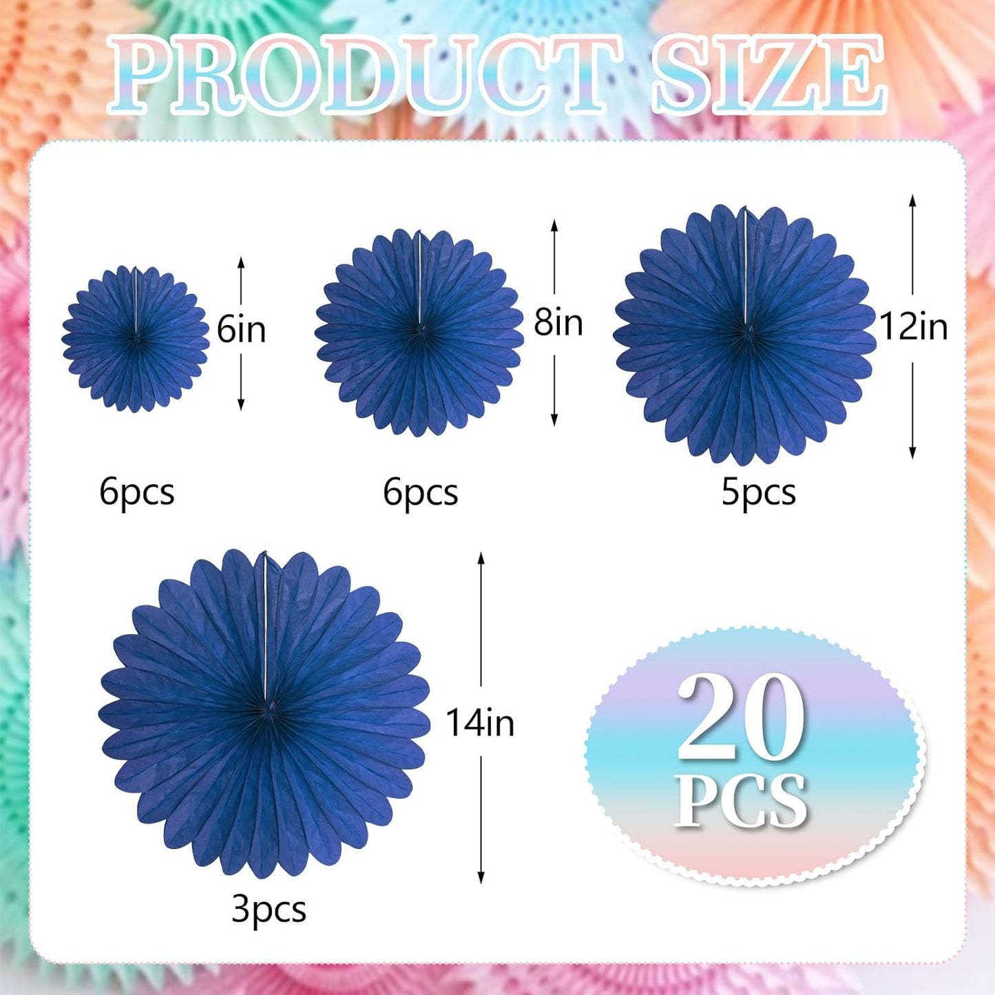 20 Pcs Navy Blue Hanging Paper Fan, Round Paper Fans Decorations Set for Weddings, Birthdays, Engagement, Bridal Shower, Baby Shower Event, Graduation, Party Supplies Decor