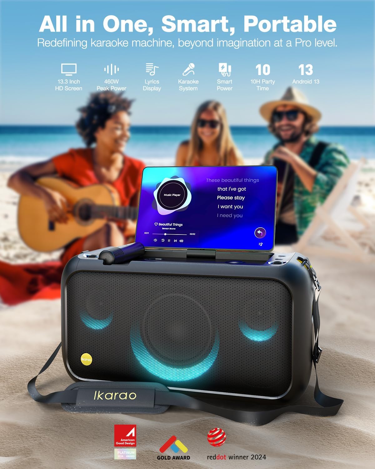 Ikarao Karaoke Machine for Adults, with Lyrics Display Built-in 13.3" Screen, Truly All in One Karaoke Machine with 2 Wireless Microphone (Hidden & Self Charging), 460W Bluetooth Speaker for Party, TV