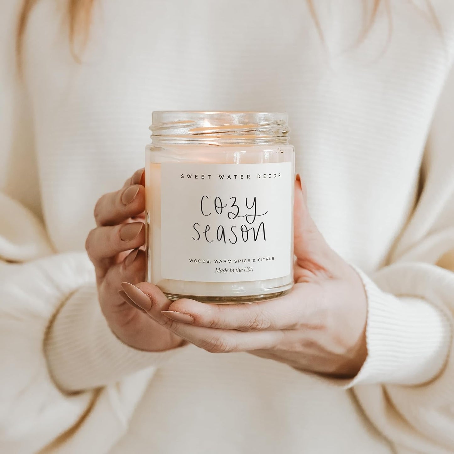 Sweet Water Decor Cozy Season Candle - Woods, Warm Spice, and Citrus Autumn Scented Soy Candles for Home - 9oz Clear Jar, 40 Hour Burn Time, Made in The USA