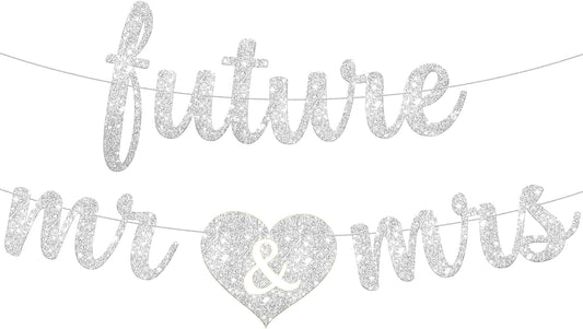 KatchOn, Silver Glitter Future Mr & Mrs Banner - 10 Feet, Pre-Strung, No DIY | Future Mr and Mrs Banner | Engagement Party Decorations | Bachelorette Party Decorations, Bridal Shower Decorations