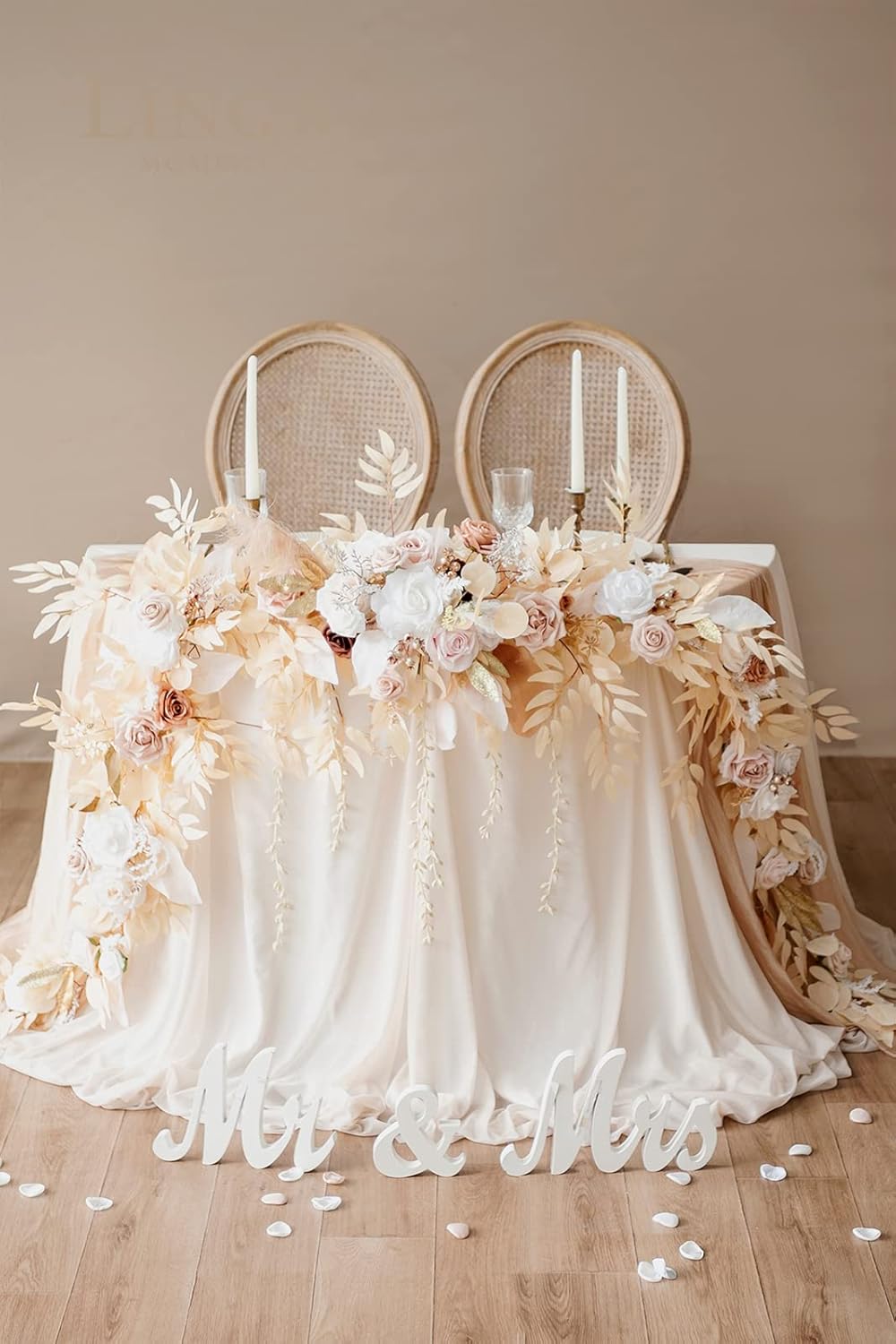 Ling's Moment 9FT Flower Garland for Backdrop Decorations - Wedding Arch Flowers, Eucalyptus & Rose, Artificial Floral Garland for Mantel - Sweetheart Table Decor for Ceremony Reception, White & Beige