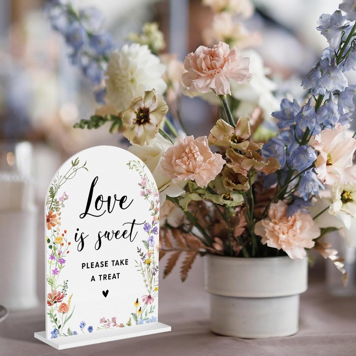 Acrylic Wedding Signs, Love is Sweet Signs for Marriage Reception, Bridal Shower Decorations, Modern Arched Round Top Acrylic Table Top Sign with Holder for Wedding Party Dinner (White Wildflowers)