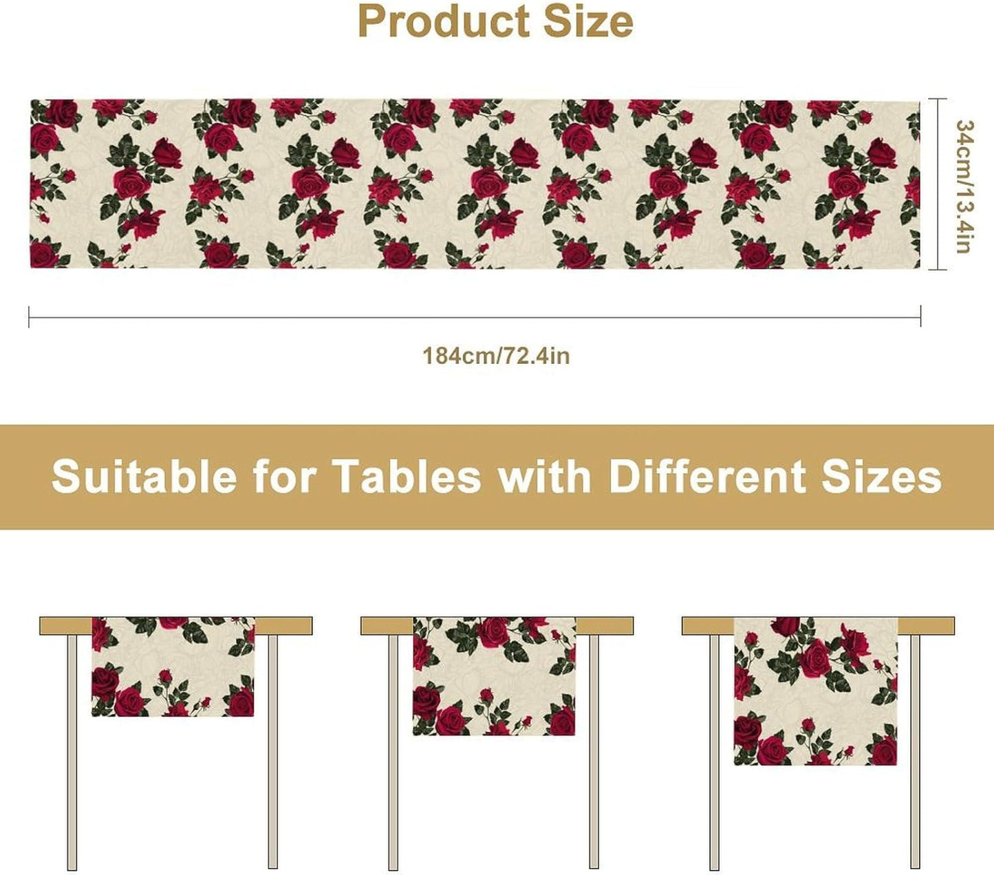 Vintage Rose Table Runner, Red Flowers Green Leaves Valentine's Day Table Runner for Kitchen Dinning Table Runner Decor Home Wedding Party Holiday, 13x120 Inch
