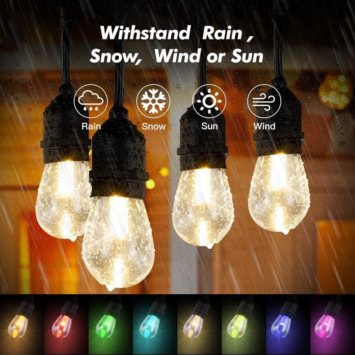 24FT Solar Outdoor String Lights, 12 Shatterproof E26 Edison LED Bulbs, Dimmable RGB Color Changing Patio Lights with 8 Modes, IP65 Waterproof & Remote for Weddin & Commercial Use