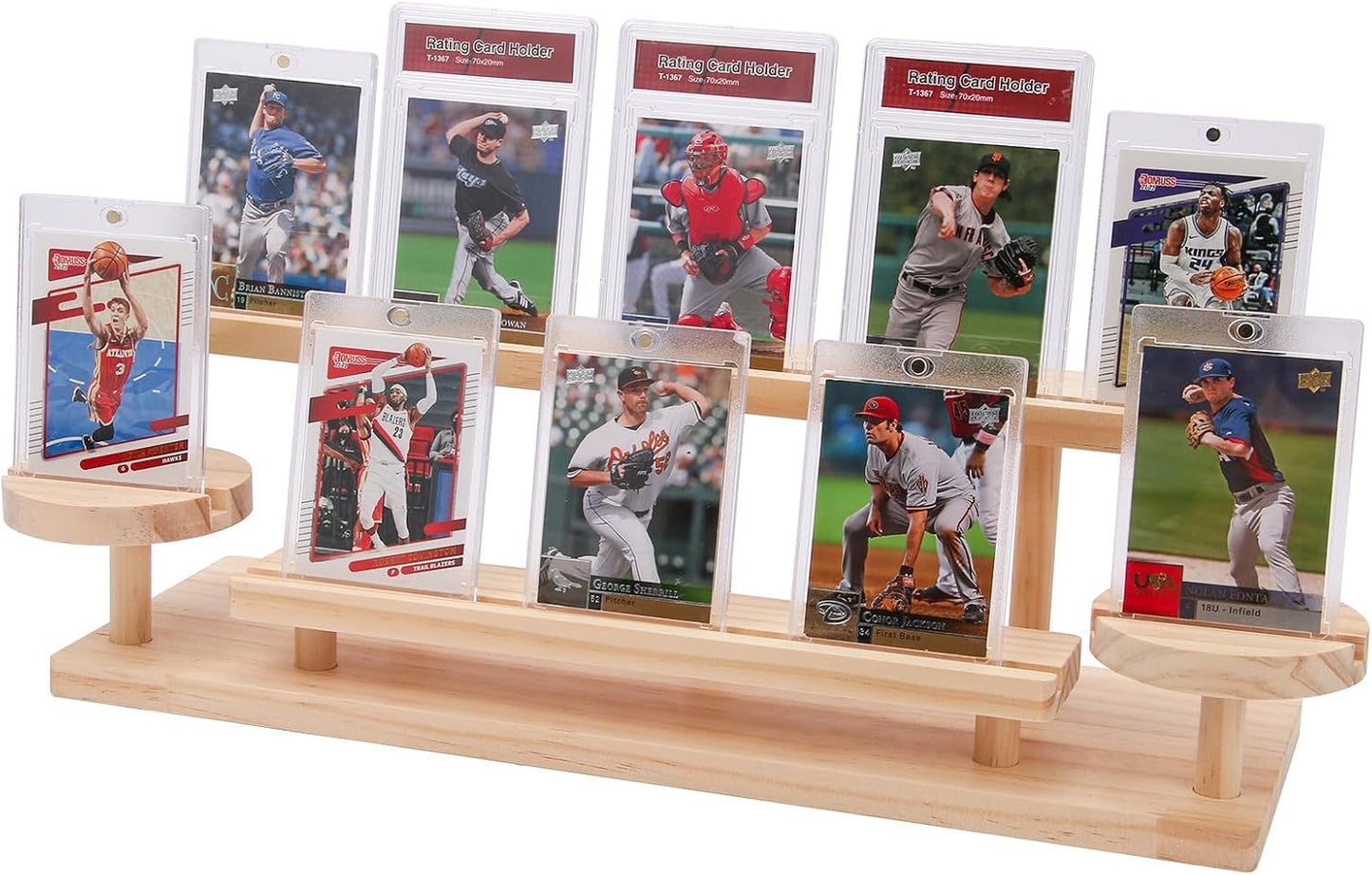 Wooden Trading Card Display Stand, 3-Tier Card Holder for Graded, Sports and TCG Cards, Tabletop Display Holder, Rustic Solid Wood Shelf Stand for Basketball Football Hockey(Wood Grain)