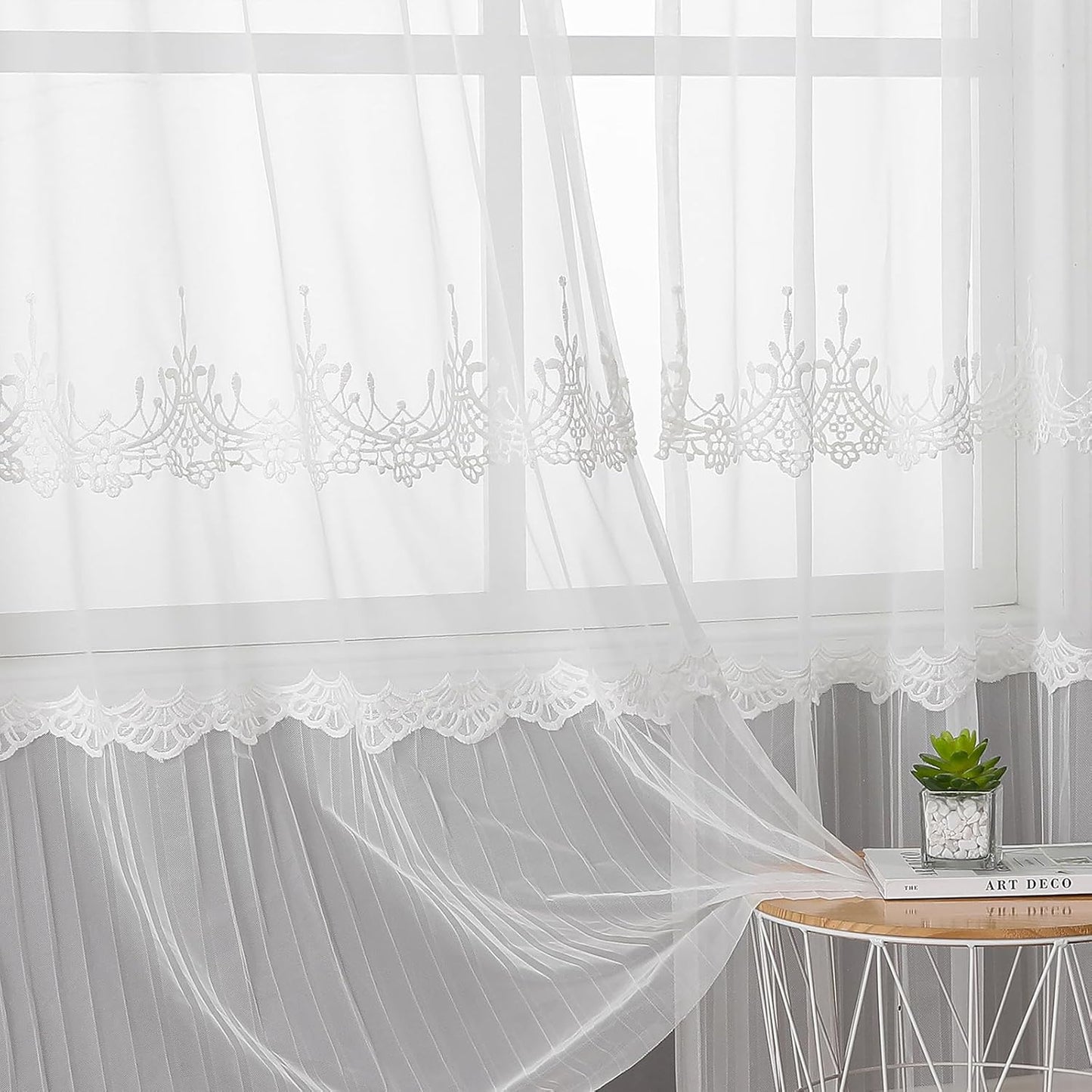 VISIONTEX White Sheer Voile Curtains, Decorative White Embossed European Rod Pocket Window Drapes for Home Kitchen, Living Room and Bedroom 54 x 72 Inch, Set of 2 Curtain Panels
